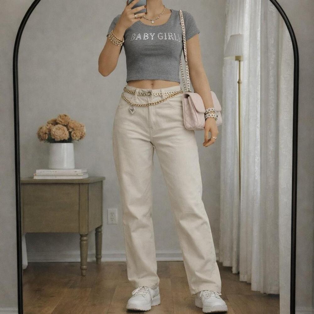 John Galt Women’s Medium Beige Straight Leg Pants Casual Twill Flawed